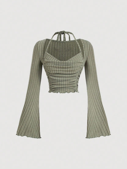 SHEIN MOD Camiseta verde con nudo delantero, camiseta de mujer para otoño e invierno, camiseta casual para regreso a clases, camiseta para mujer de negocios casuales, camiseta de maestra