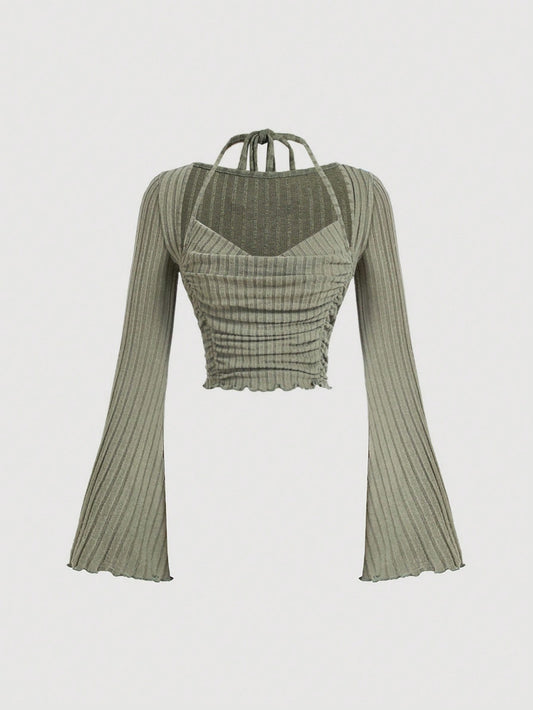 SHEIN MOD Camiseta verde con nudo delantero, camiseta de mujer para otoño e invierno, camiseta casual para regreso a clases, camiseta para mujer de negocios casuales, camiseta de maestra