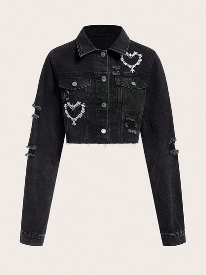 SHEIN MOD Chaqueta denim con bordado de corazón con dobladillo sin rematar