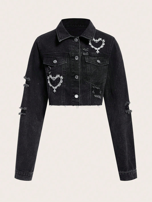 SHEIN MOD Chaqueta denim con bordado de corazón con dobladillo sin rematar