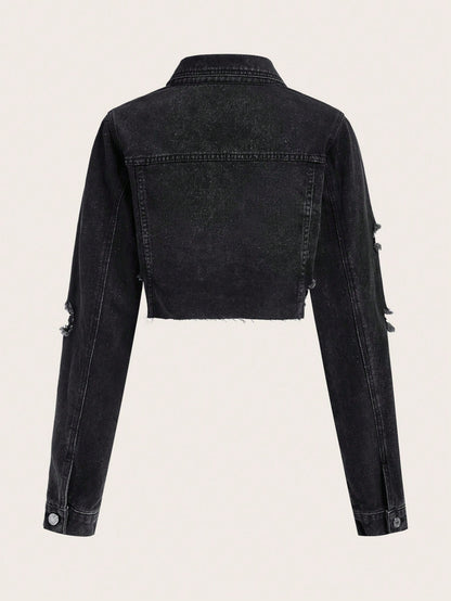 SHEIN MOD Chaqueta denim con bordado de corazón con dobladillo sin rematar