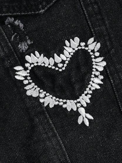 SHEIN MOD Chaqueta denim con bordado de corazón con dobladillo sin rematar