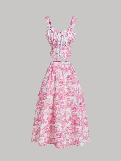 SHEIN MOD Chaleco de mujer con tirantes de lazo y falda midi para mujer con estampado de ángel en azul y blanco