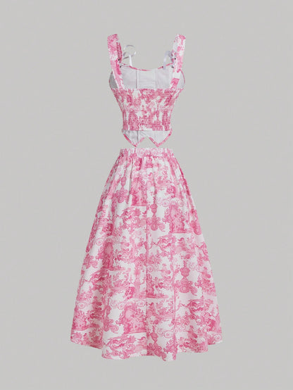 SHEIN MOD Chaleco de mujer con tirantes de lazo y falda midi para mujer con estampado de ángel en azul y blanco