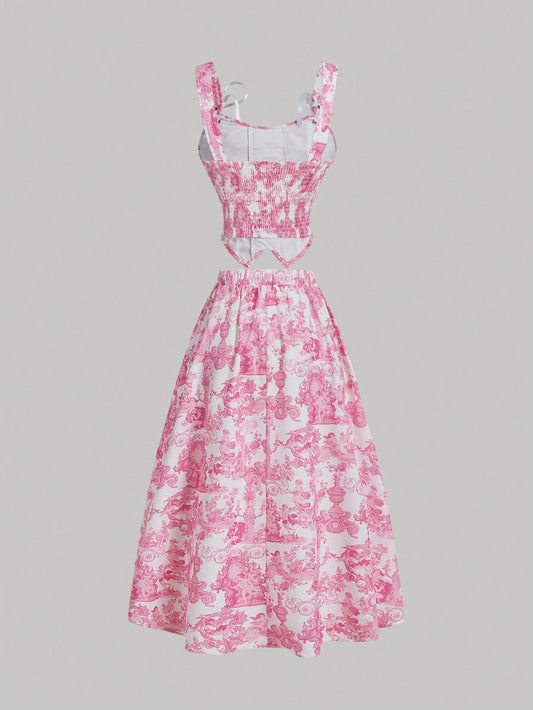 SHEIN MOD Chaleco de mujer con tirantes de lazo y falda midi para mujer con estampado de ángel en azul y blanco