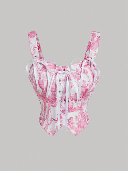 SHEIN MOD Chaleco de mujer con tirantes de lazo y falda midi para mujer con estampado de ángel en azul y blanco