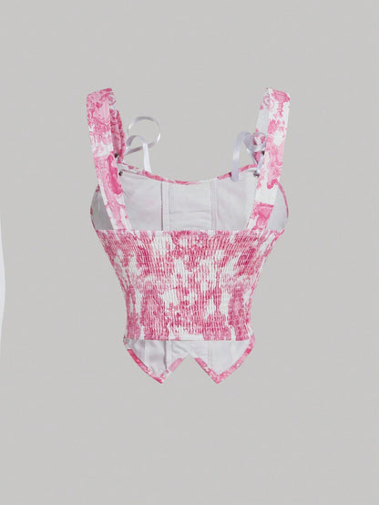SHEIN MOD Chaleco de mujer con tirantes de lazo y falda midi para mujer con estampado de ángel en azul y blanco