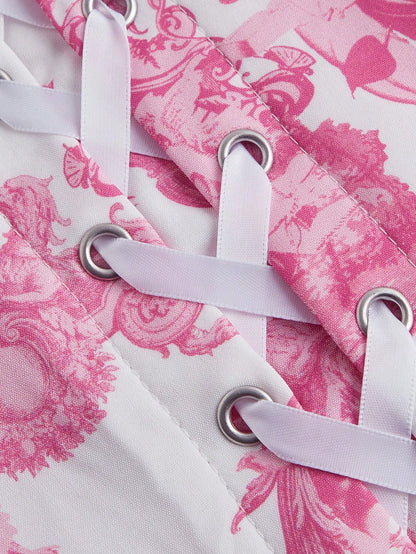 SHEIN MOD Chaleco de mujer con tirantes de lazo y falda midi para mujer con estampado de ángel en azul y blanco