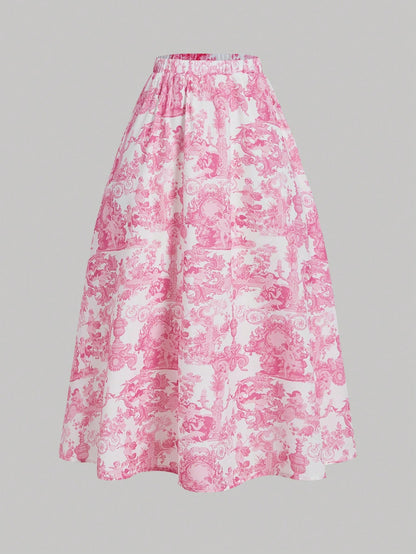 SHEIN MOD Chaleco de mujer con tirantes de lazo y falda midi para mujer con estampado de ángel en azul y blanco