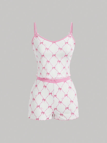 SHEIN MOD Conjunto De Top Corto De Camisola Y Pantalones Cortos Con Estampado De Mariposas Y Lazo