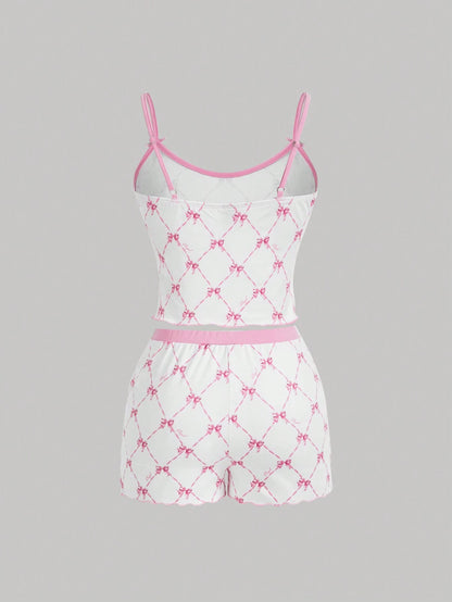 SHEIN MOD Conjunto De Top Corto De Camisola Y Pantalones Cortos Con Estampado De Mariposas Y Lazo