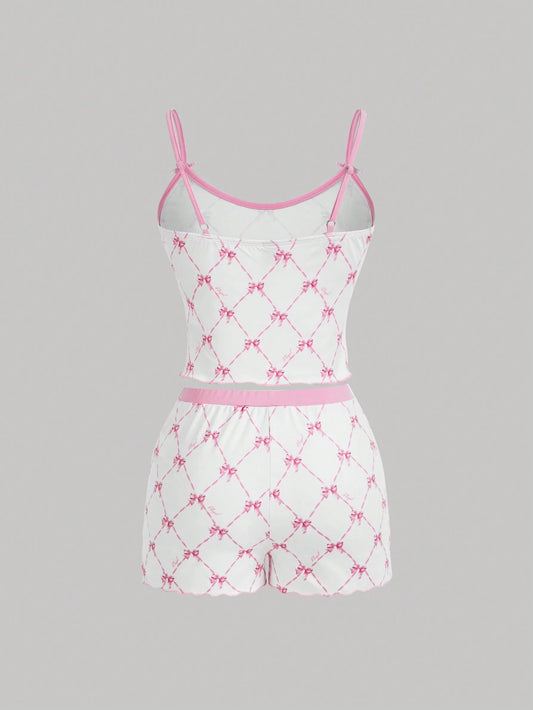 SHEIN MOD Conjunto De Top Corto De Camisola Y Pantalones Cortos Con Estampado De Mariposas Y Lazo