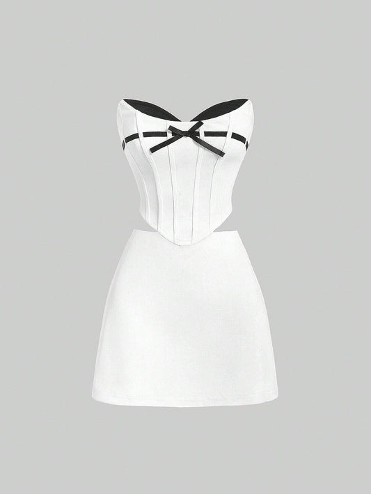 SHEIN MOD Conjunto de dos piezas dulce de top sin tirantes y falda ajustado decorado con lazo mariposa vintage para mujer, verano, conjuntos de dos piezas, atuendos de concierto