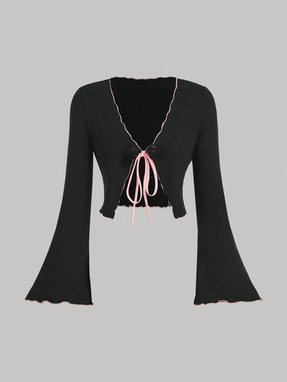 SHEIN MOD Cárdigan ligero de manga larga con color contrastante, Halloween para mujeres