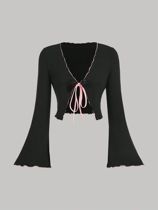 SHEIN MOD Cárdigan ligero de manga larga con color contrastante, Halloween para mujeres