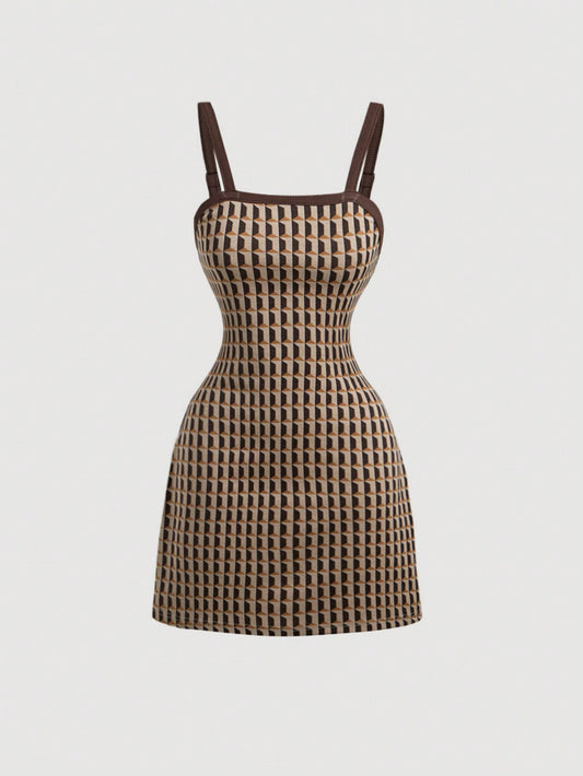 SHEIN MOD Estilos de verano con tirantes de patrón de tartán vintage, vestidos retro, vestidos de los 70, vestidos marrones, vestidos de otoño, ropa occidental, vestidos semi-formales