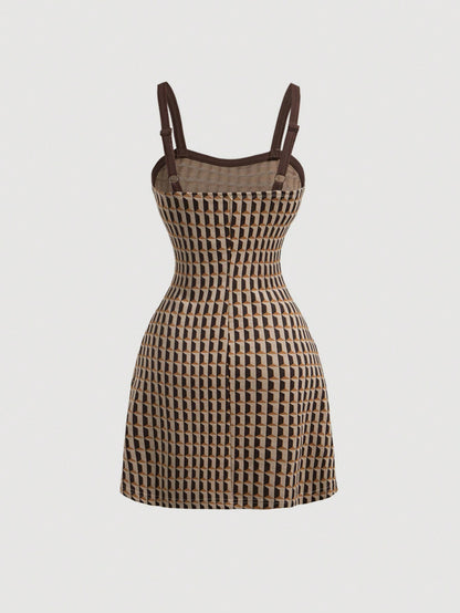 SHEIN MOD Estilos de verano con tirantes de patrón de tartán vintage, vestidos retro, vestidos de los 70, vestidos marrones, vestidos de otoño, ropa occidental, vestidos semi-formales