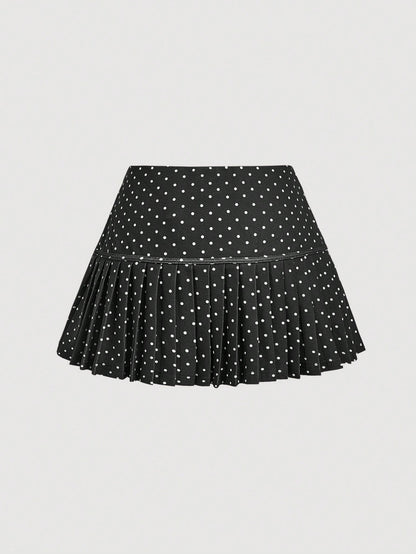 SHEIN MOD Falda plisada con estampado de lunares en línea A para mujer, de uso casual, elegante para el diario, el estilo escolar, el campo, las fiestas del té, los festivales, linda, vuelta al cole, con forro en los pantalones cortos