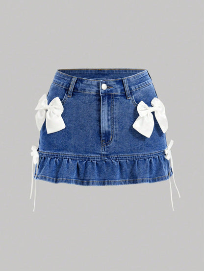 SHEIN MOD Falda vaquera de mujer con decoración de lazo, color de contraste, dobladillo con volantes y bolsillos