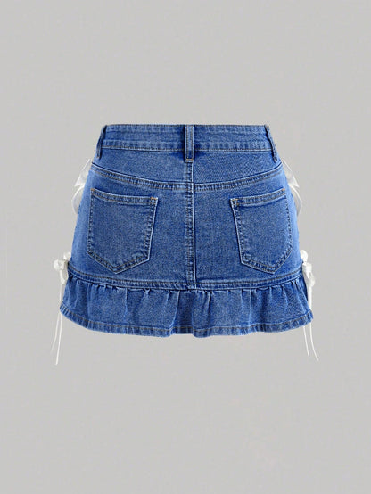 SHEIN MOD Falda vaquera de mujer con decoración de lazo, color de contraste, dobladillo con volantes y bolsillos