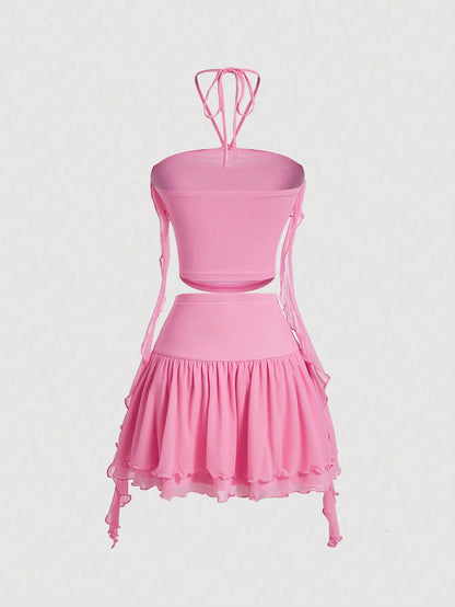 SHEIN MOD Juego De 2 Piezas Para Mujer, Parte Superior De Tanque De Cuello Halter Con Adornos Florales Y Falda Con Borde De Volantes