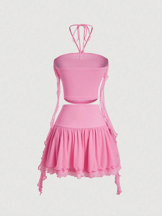 SHEIN MOD Juego De 2 Piezas Para Mujer, Parte Superior De Tanque De Cuello Halter Con Adornos Florales Y Falda Con Borde De Volantes