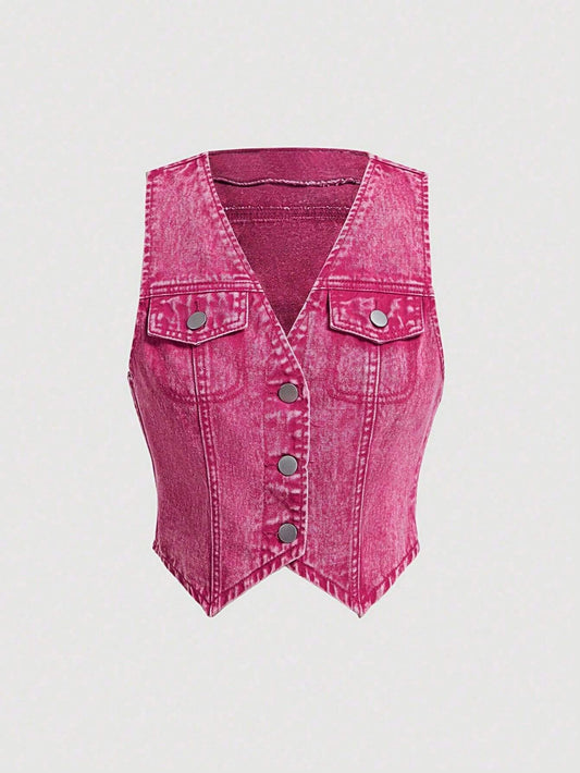 SHEIN MOD Mujeres chaqueta y abrigo de mezclilla sin mangas con escote en V y botones delanteros de unicolor