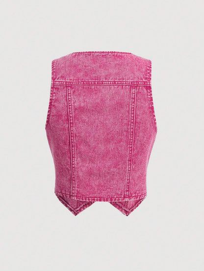 SHEIN MOD Mujeres chaqueta y abrigo de mezclilla sin mangas con escote en V y botones delanteros de unicolor