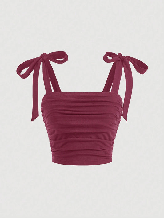 SHEIN MOD Negro Corbata Verano Top Sólido Hombro Fruncido Top Con Tirantes Anchos