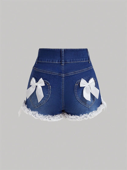 SHEIN MOD Pantalones cortos de mezclilla con volantes en el bajo, decoración de moño y múltiples bolsillos con botones delanteros para mujeres
