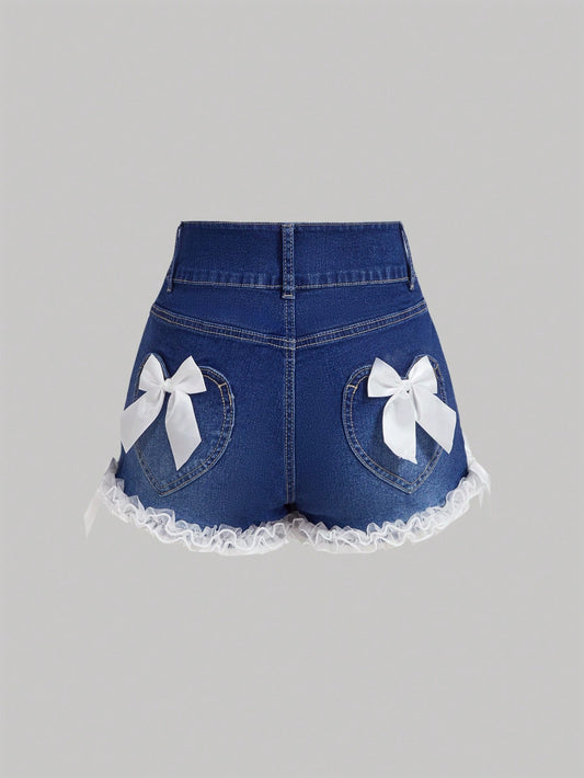 SHEIN MOD Pantalones cortos de mezclilla con volantes en el bajo, decoración de moño y múltiples bolsillos con botones delanteros para mujeres