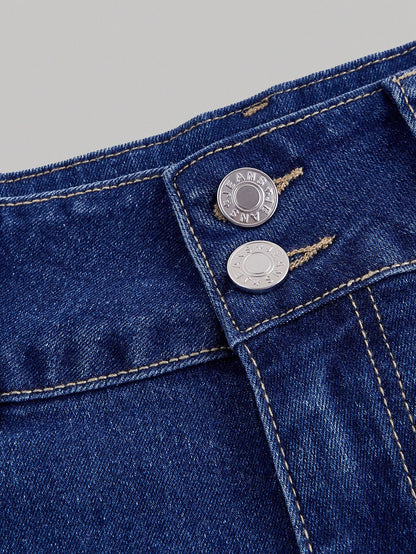 SHEIN MOD Pantalones cortos de mezclilla con volantes en el bajo, decoración de moño y múltiples bolsillos con botones delanteros para mujeres