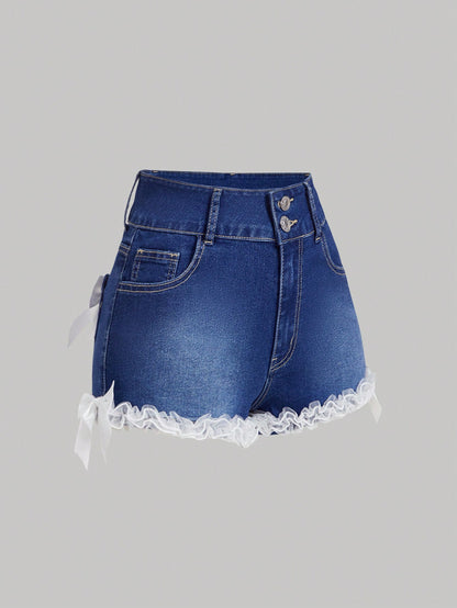 SHEIN MOD Pantalones cortos de mezclilla con volantes en el bajo, decoración de moño y múltiples bolsillos con botones delanteros para mujeres