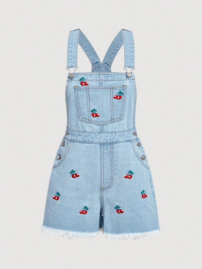 SHEIN MOD Pantalones cortos de mezclilla para mujeres con bordado de cerezas en el peto y bolsillo delantero