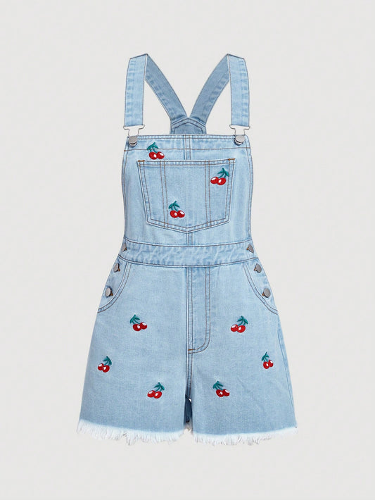 SHEIN MOD Pantalones cortos de mezclilla para mujeres con bordado de cerezas en el peto y bolsillo delantero