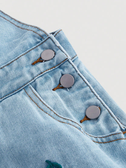 SHEIN MOD Pantalones cortos de mezclilla para mujeres con bordado de cerezas en el peto y bolsillo delantero
