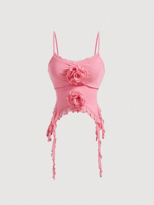 SHEIN MOD Parte superior corta de mujer de verano sin mangas de color rosa con centro hueco, borde asimétrico, decoraciones con cinta y flores 3D