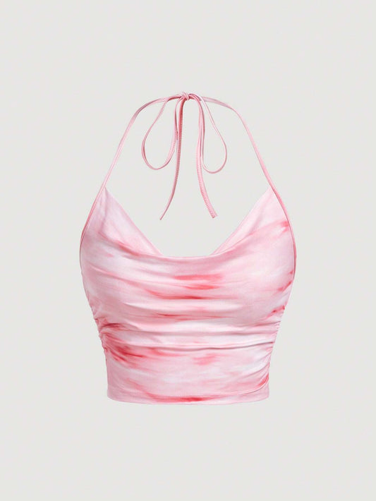 SHEIN MOD Parte superior de halter con cuello drapeado, fruncido en los lados, con lazo en la espalda, estampado ombré, estampado de mármol