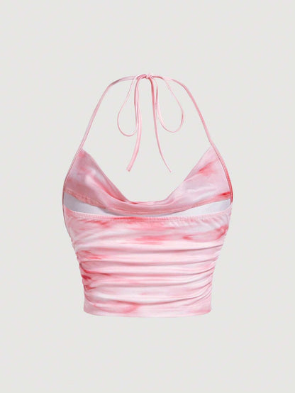 SHEIN MOD Parte superior de halter con cuello drapeado, fruncido en los lados, con lazo en la espalda, estampado ombré, estampado de mármol