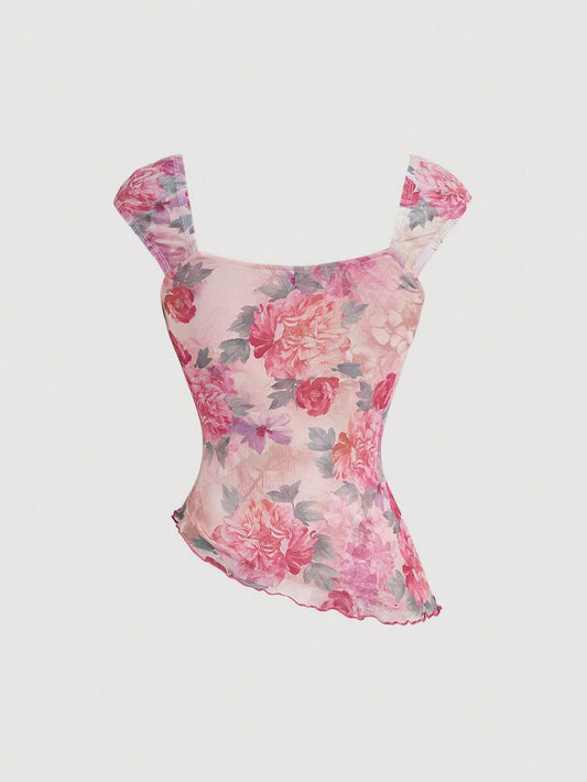 SHEIN MOD Parte superior de tirantes elegante de color rosa con decoración de cinta, dobladillo asimétrico y estampado de flores, para otoño, moda de los 90, franceses, atuendo de brunch, atuendo de graduación, parte superior de tonos rosados