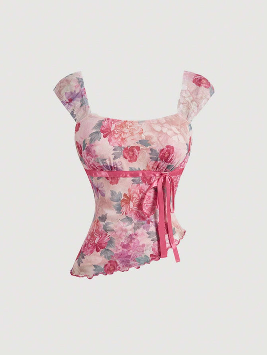 SHEIN MOD Parte superior de tirantes elegante de color rosa con decoración de cinta, dobladillo asimétrico y estampado de flores, para otoño, moda de los 90, franceses