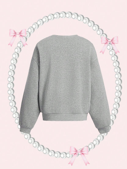 SHEIN MOD Sudadera holgada con cuello redondo gris, bordada adorablemente, ropa de regreso a la escuela, sudadera gris, sudadera con cuello redondo, atuendos de otoño para mujer