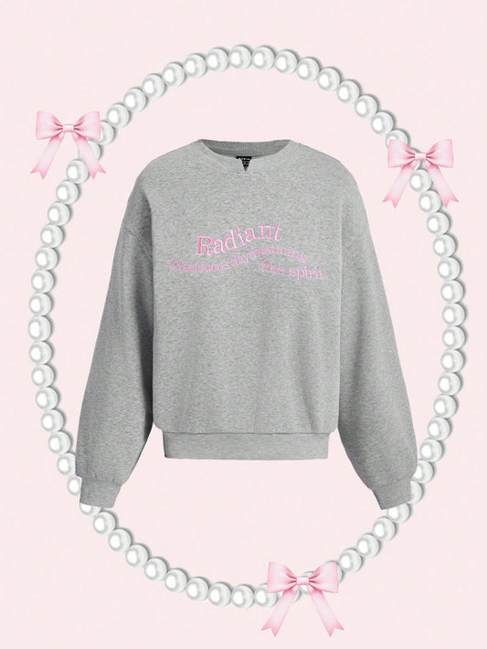 SHEIN MOD Sudadera holgada con cuello redondo gris, bordada adorablemente, ropa de regreso a la escuela, sudadera gris, sudadera con cuello redondo, atuendos de otoño para mujer