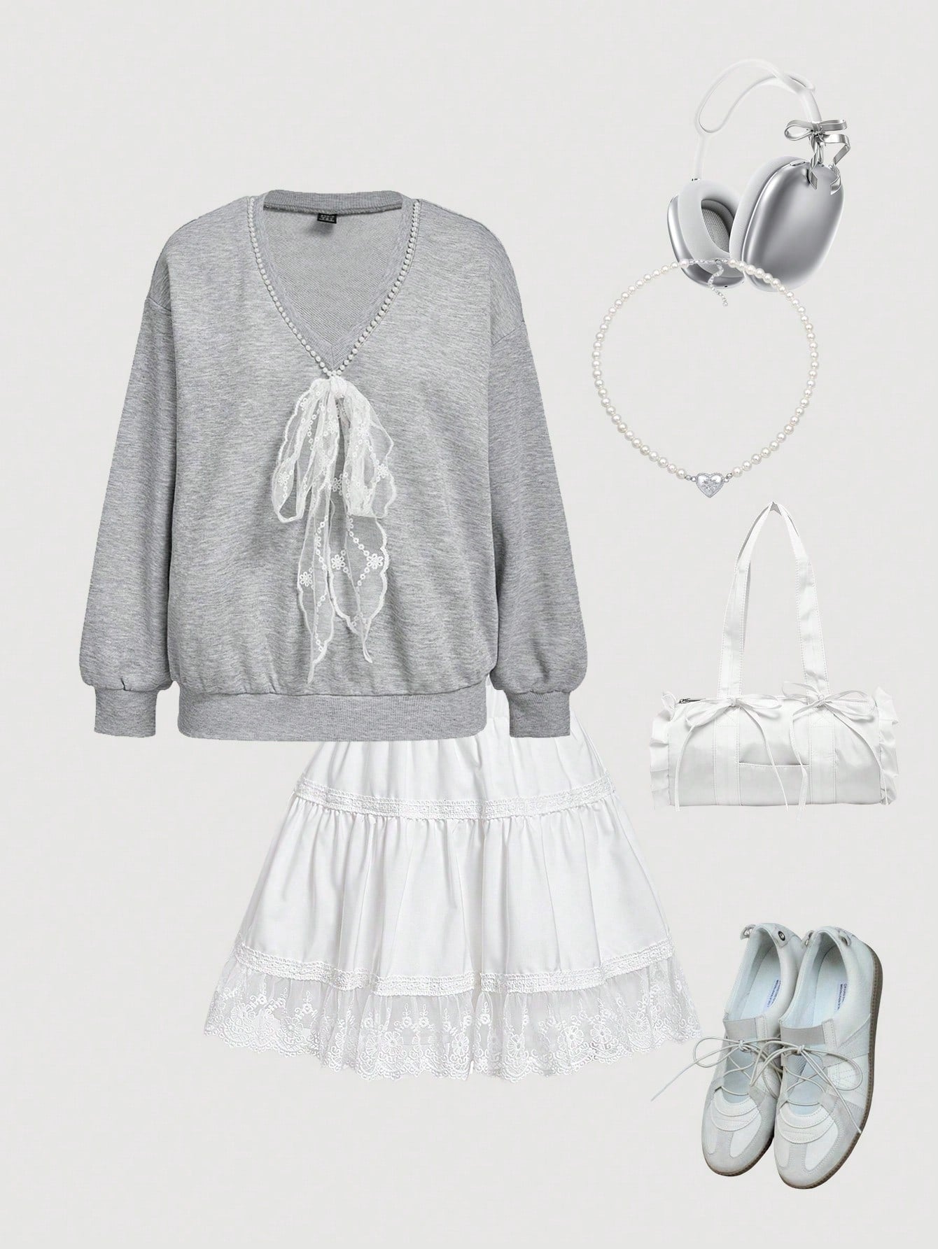 SHEIN MOD Sudadera holgada de manga larga con cuello en V, decoración de encaje y lazo, color gris, para otoño/invierno