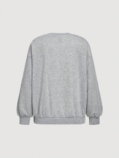 SHEIN MOD Sudadera holgada de manga larga con cuello en V, decoración de encaje y lazo, color gris, para otoño/invierno