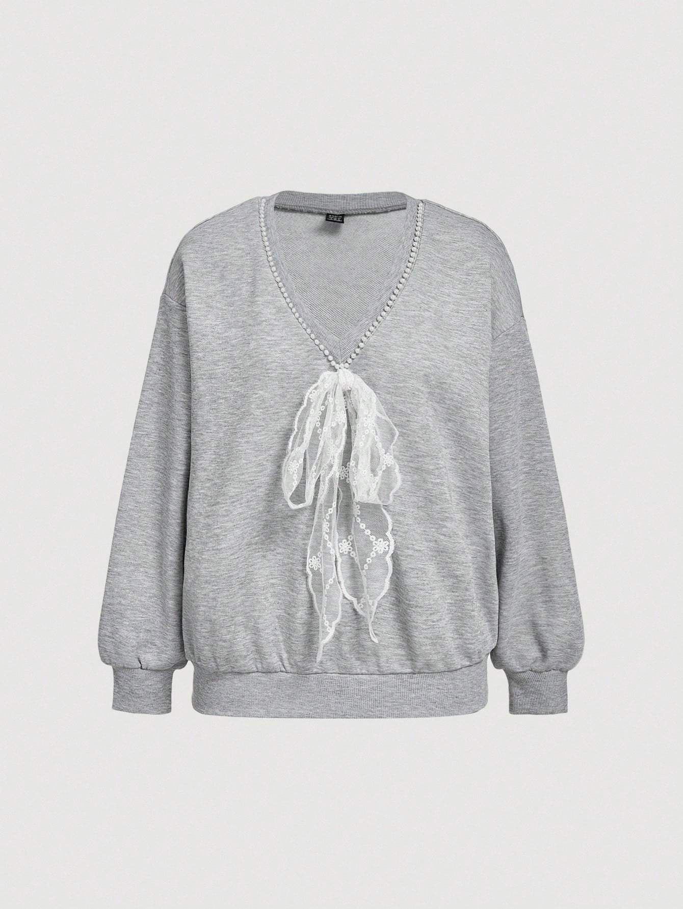 SHEIN MOD Sudadera holgada de manga larga con cuello en V, decoración de encaje y lazo, color gris, para otoño/invierno