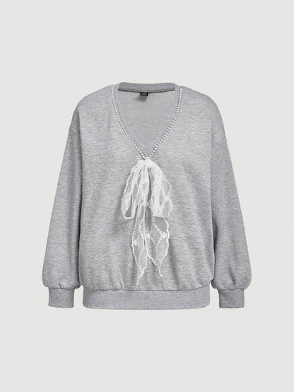 SHEIN MOD Sudadera holgada de manga larga con cuello en V, decoración de encaje y lazo, color gris, para otoño/invierno