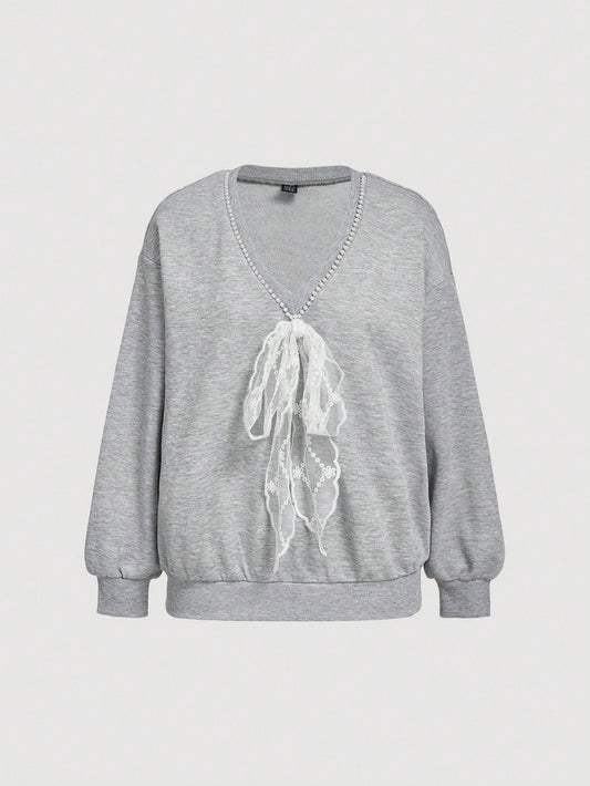 SHEIN MOD Sudadera holgada de manga larga con cuello en V, decoración de encaje y lazo, color gris, para otoño/invierno