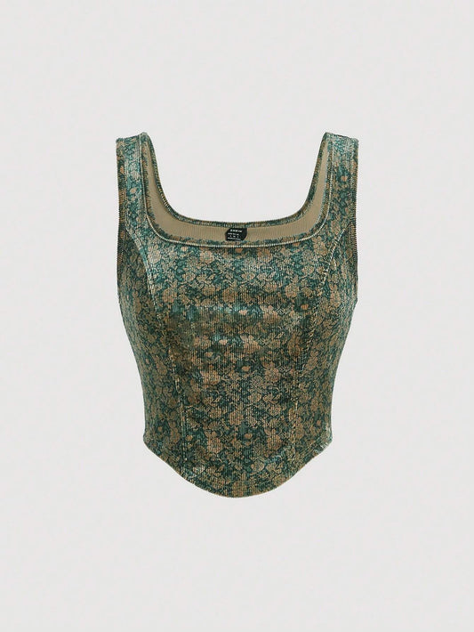 SHEIN MOD Top Asimétrico Tipo Camisola Con Patrón De Flores En El Dobladillo