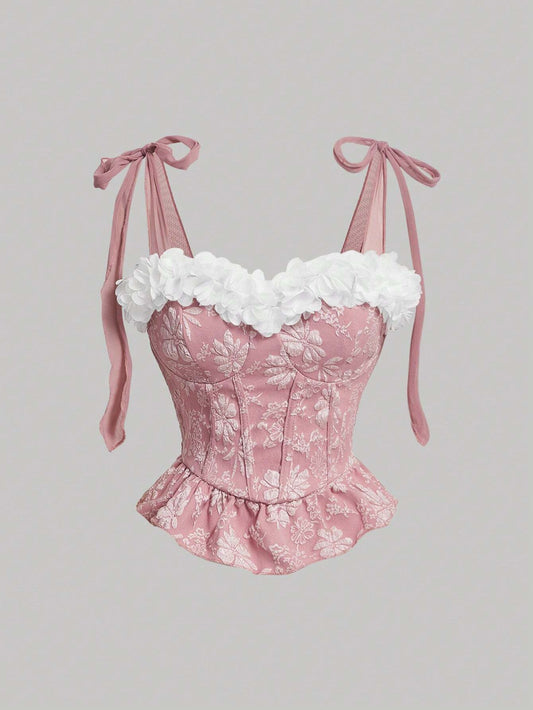 SHEIN MOD Top Corto Estilo Cami Con Dobladillo Con Volantes Decorado Con Flores Y Apliques